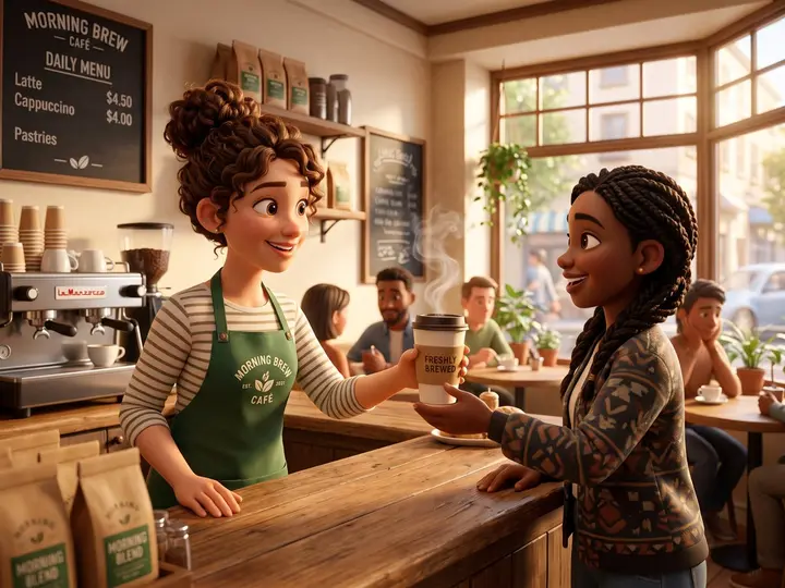 3D animated look: a barista handing a coffee to a customer across the counter of a sunny café