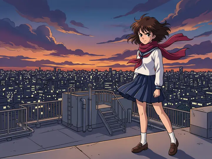 Anime look: a girl with a red scarf on a rooftop above a city at sunset