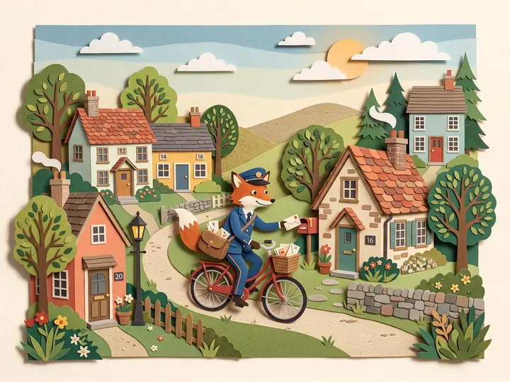 Cut-out look: a paper fox on a bicycle delivering letters through a village