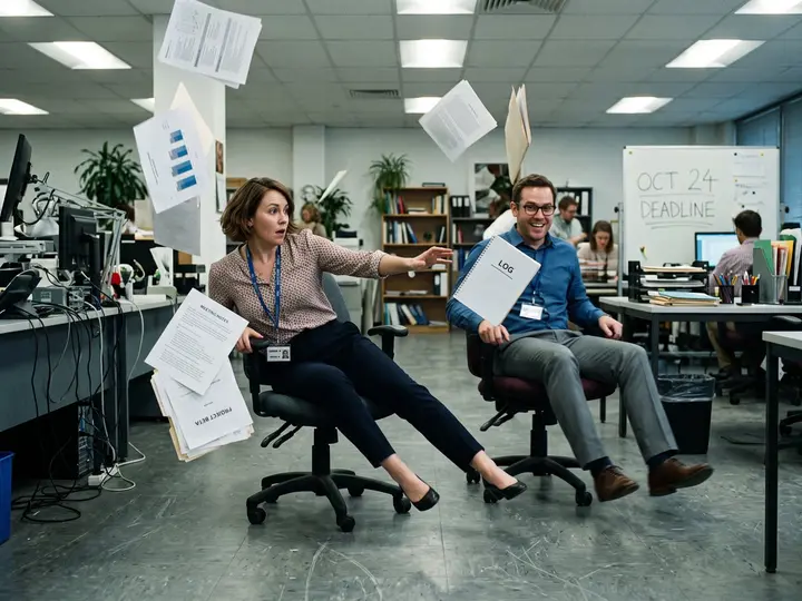 Pixilation look: two office workers sliding across the floor on their chairs as papers fly