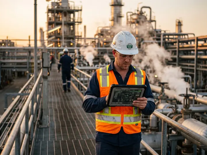 Ultra-realistic look: an engineer in a hard hat reading a tablet on a refinery walkway at dusk