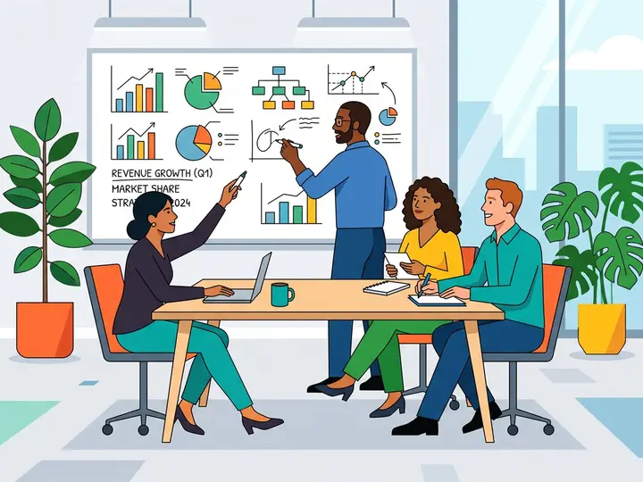 2D vector look: a team planning around a whiteboard of charts in a bright office