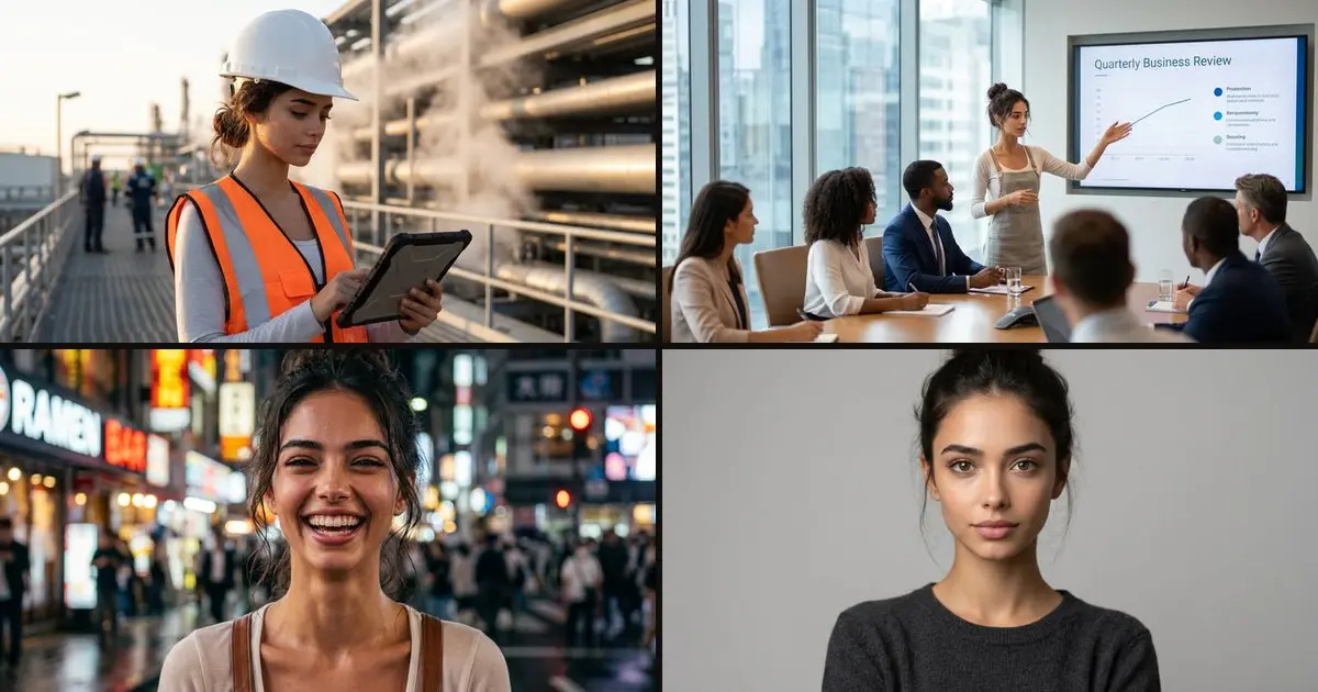 One AI character made in Backlot: the same woman on a refinery walkway, presenting in a boardroom, laughing on a city street and in a studio portrait