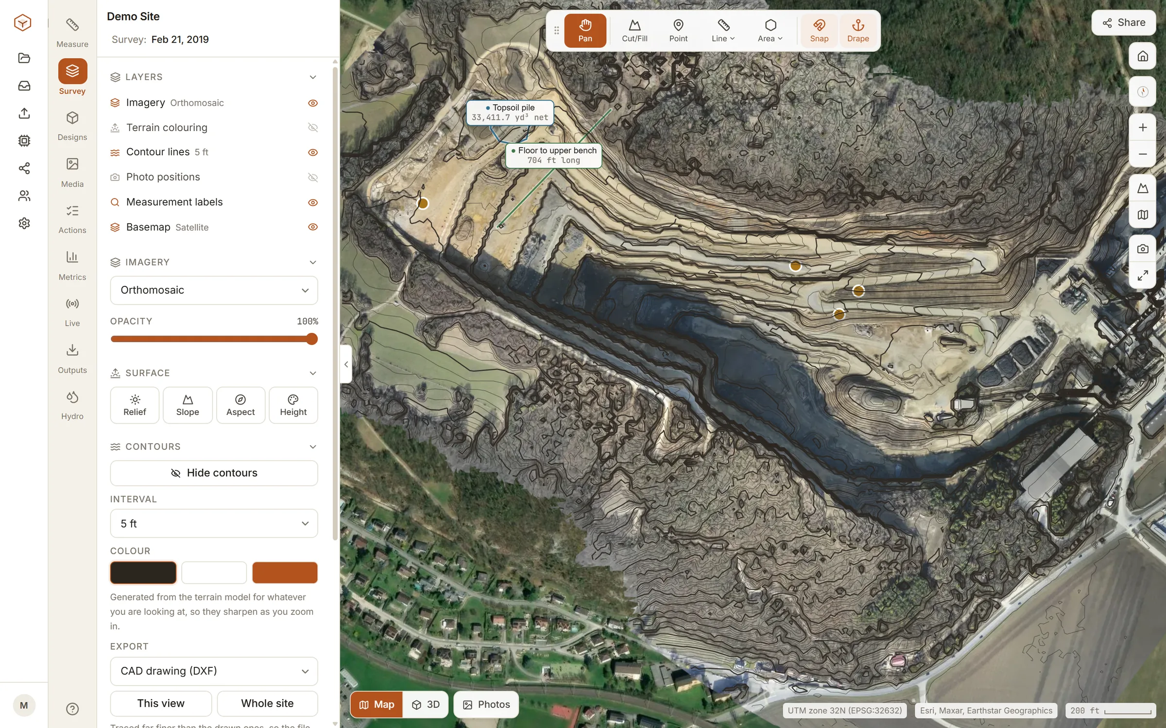 Contours in Clarity: contour lines drawn over the quarry's terrain model at a chosen interval, ready to export as DXF