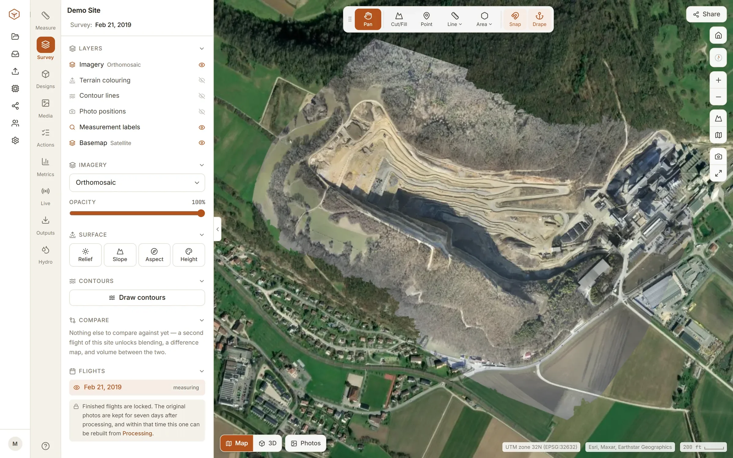 Clarity: a quarry's drone survey orthomosaic in the browser with the survey panel open and the measuring tools along the top